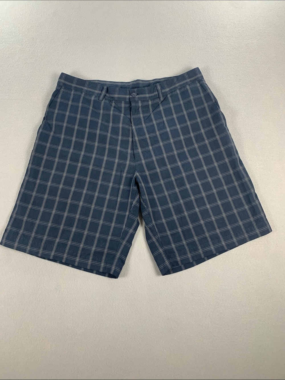 PGA Tour Navy Windowpane Plaid Flat-Front Shorts